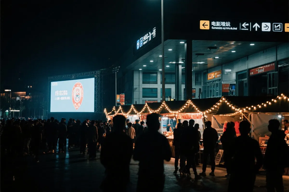 费城球迷广场夜景：大屏观赛人群、步行指示牌与公共交通入口
